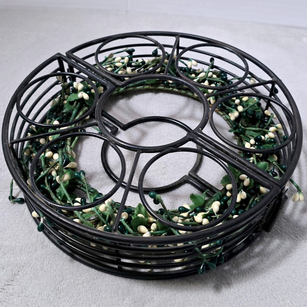 Vintage Black Metal 7-Candle Votive Holder Folding Pip Berry Wreath Centerpiece